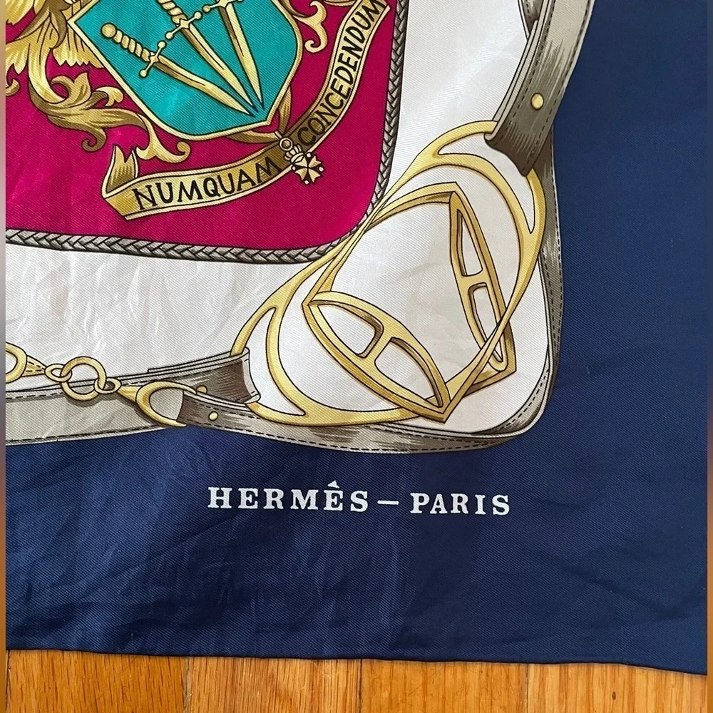 Hermes Scarf equestrian square horse bit Americana swords crest royalty rope